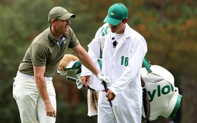 Rory McIlroy reacts to his second shot on the 15th hole during the continuation of the first round of the Masters at Augusta National. Picture: Jamie Squire/Getty Images