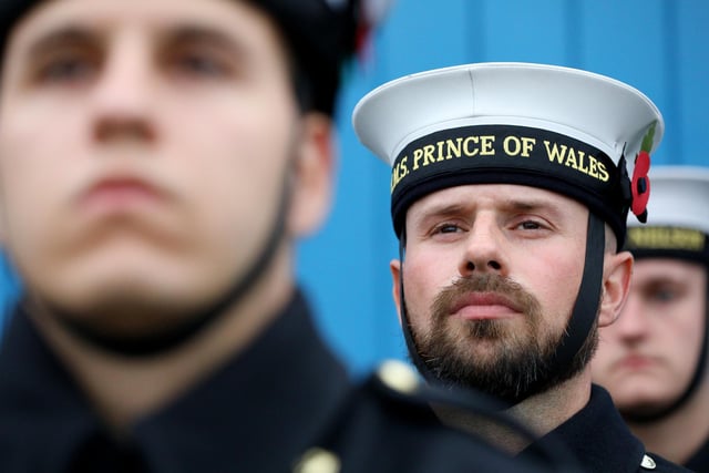 The Royal Navy's Ceremonial Guard in their final rehearsal for their duties at the Cenotaph in London, on Remembrance Sunday. They were photographed at Whale Island, Portsmouth. Picture: Chris Moorhouse   (jpns 101121-27)