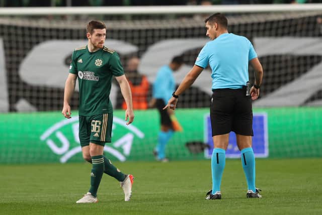 Celtic's Anthony Ralston sees the game delayed over issues with holes in his socks  before Ange Postecoglou's men scored a 3-2 Europa League triumph away to  Ferencvaros on Thursday.  (Photo by Craig Williamson / SNS Group)