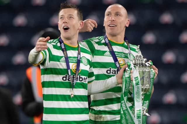 Callum McGregor and Scott Brown prepare to lift the Scottish Cup last December - the last of the 22 honours the veteran won in his 14 years at Celtic. (Photo by Bill Murray / SNS Group)