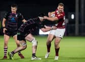 Connor Eastgate (R) of Watsonians in action against Rory Jackson of Ayrshire Bulls during the FOSROC Super6 Final match between Watsonians and Ayrshire Bulls last year.