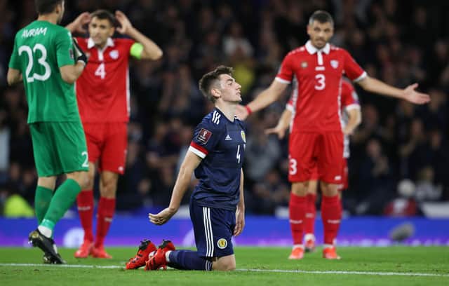 Scotland's Billy Gilmour reacts after missing the second half chance against Moldova (Photo by Alan Harvey / SNS Group)