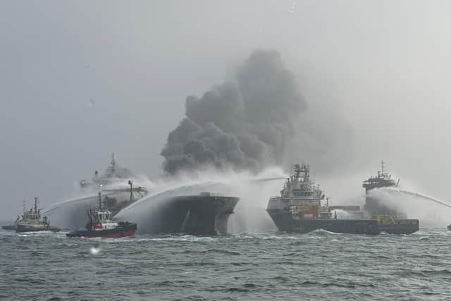 Fire and rescue services attend after a collision between oil tanker MV Stena Immaculate and the cargo vessel MV Solong off the coast of the Humber Estuary.