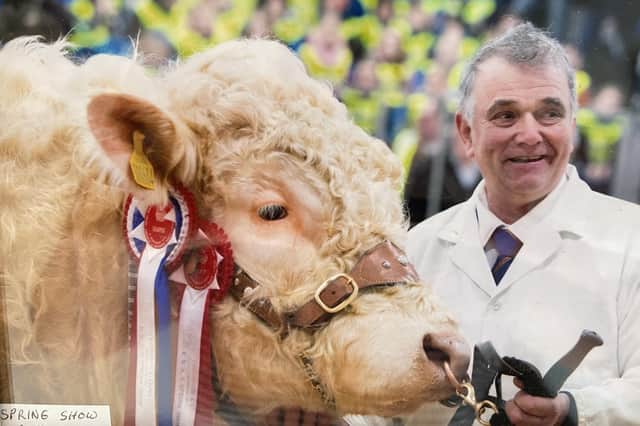 Ian Matthew with the champion Charolais bull which he showed for Jock Wilson, Kinclune, Glenkindie, at the Royal Northern Spring Show in 2014