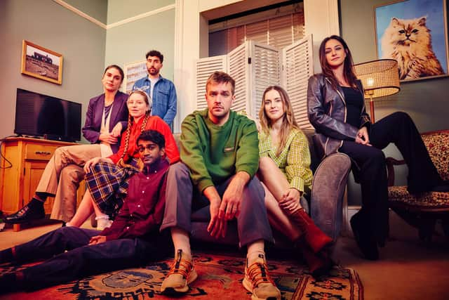 Iain Stirling's sticome Buffering airs on ITV2 and ITVX. Pictured: Olivia [Elena Saurel], Rosie [Jessie Cave], Finn [Steve Bujega], Greg [Paul G Raymond], Iain [Iain Stirling], Ashley [Rosa Robson] and Thalia [Janine Harouni]. Pic: Avalon