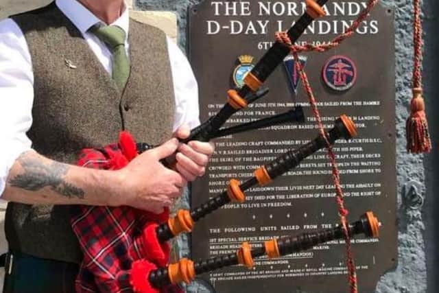 John Millin, the son of Bill Millin, who learned to play the pipes in his dad's memory. He will stand in the shadow's of his dad's statue at Sword Beach on the 80th anniversary of the D-Day Landings next week. PIC: Contributed.