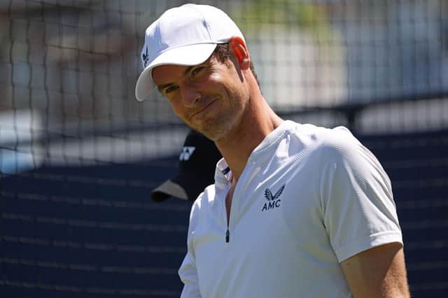 Andy Murray practicing ahead of his first round match against France's Benoit Paire at the ATP Championships tournament at Queen's Club (Photo by ADRIAN DENNIS/AFP via Getty Images)