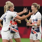 Ellen White is congratulated by her Team GB team-mates after scoring the winner against Japan