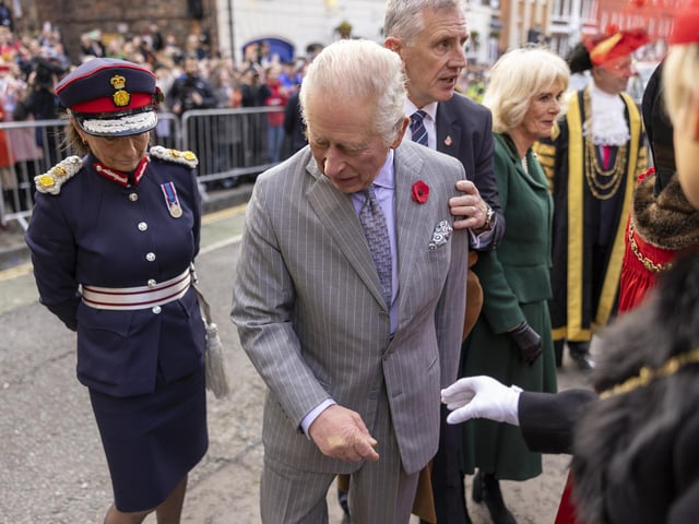 King Charles III reacts after an egg was thrown his direction as he arrived for a ceremony at Micklegate Bar in York, where the Sovereign is traditionally welcomed to the city.