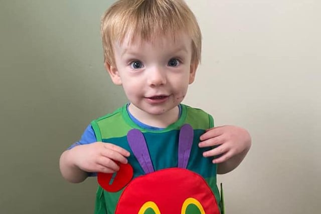Archie, age 2, as the Very Hungry Caterpillar. We think he's ready for a snack!
