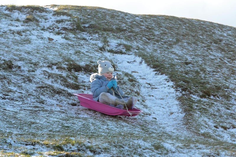 Kaitlyn Lamb, six, is pictured sledging on Cleadon Hills this morning.