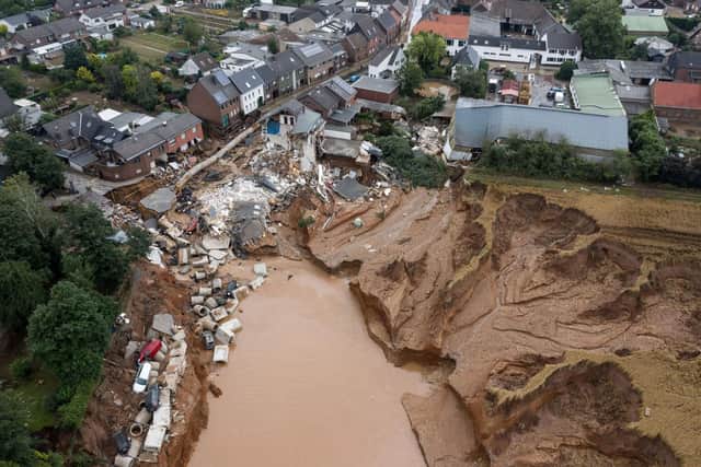 An aerial view of an area in the Blessem district of Erftstadt, Germany, that was completely destroyed by floods which affected several countries in Europe, killing more than 240 people, in July last year (Picture: Sebastien Bozon/AFP via Getty Images)