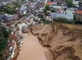 An aerial view of an area in the Blessem district of Erftstadt, Germany, that was completely destroyed by floods which affected several countries in Europe, killing more than 240 people, in July last year (Picture: Sebastien Bozon/AFP via Getty Images)