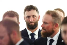 Jon Rahm of Team Europe looks on during the opening ceremony for the 2023 Ryder Cup at Marco Simone Golf Club in Rome. Picture: Luke Walker/Getty Images.