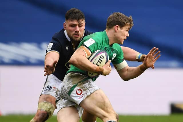 Ireland's Garry Ringrose is tackled by Rory Sutherland during the Guinness Six Nations match between Scotland and Ireland at BT Murrayfield, on March 14 in Edinburgh, Scotland.  (Photo by Ross MacDonald / SNS Group)