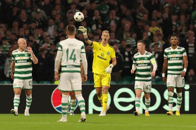 Celtic goalkeeper Joe Hart reacts after Eden Hazard (not pictured) scores Real Madrid's third goal. (Photo by Ian MacNicol/Getty Images)