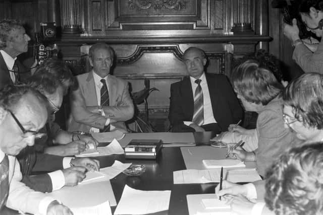 Then Assistant Chief Constable of Northumbria police, Hector Clark (right and wearing dark suit), and Detective Chief Superintendent Brian Cunningham, briefing the press in 1983. Pic: Bill Newton