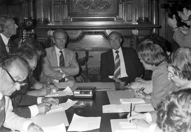Then Assistant Chief Constable of Northumbria police, Hector Clark (right and wearing dark suit), and Detective Chief Superintendent Brian Cunningham, briefing the press in 1983. Pic: Bill Newton