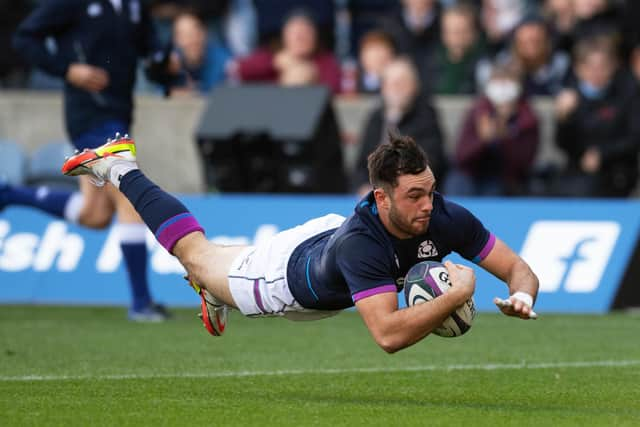 Scotland's Rufus McLean scores the opening try during the Autumn Nations Series match with Tonga. (Photo by Ross Parker / SNS Group)