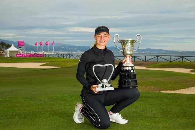 Dane Emily Pedersen shows off her trophies for winning the Andalucia Costa Del Sol Open De Espana and also topping the Race to Costa del Sol standings. Picture: Tristan Jones