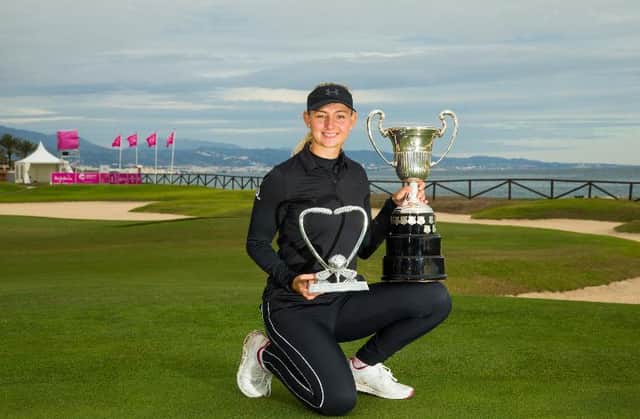 Dane Emily Pedersen shows off her trophies for winning the Andalucia Costa Del Sol Open De Espana and also topping the Race to Costa del Sol standings. Picture: Tristan Jones