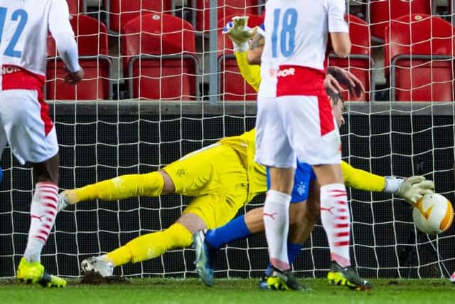 Rangers' goalkeeper Allan McGregor made a dramatic late save during the UEFA Europa League Round of 16 1st Leg between Slavia Prague and Rangers at the Sinobo Stadium, Prague on March 11, 2021, in Prague, Czech Republic. (Photo by Lukas Kabon / SNS Group)