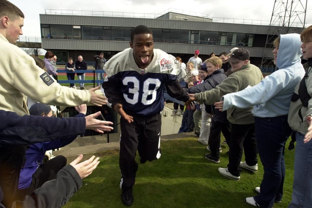 .Scottish Claymores are introduced to there fans at Meadowbank.
Pictured is Renard Cox from Maryland.