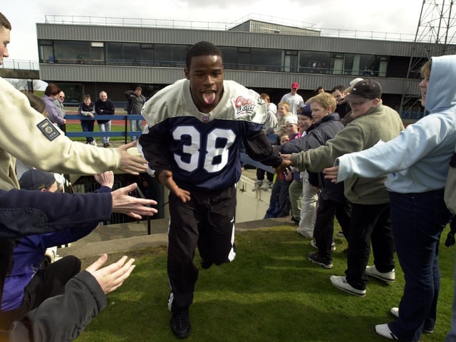 .Scottish Claymores are introduced to there fans at Meadowbank.
Pictured is Renard Cox from Maryland.