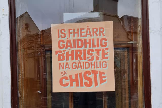 Found in Stornoway, the sign reads: "a broken Gaelic is better than a Gaelic in the chest (coffin)". Encouraging people to use what they've got regardless of any imperfections.