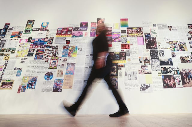 A Life of Subversive Joy by Vinca Petersen, 2019. A 20 metre long installation using 600 photographs and 200 pieces of ephemera tell the story of Petersen’s life of raving, roaming and humanitarian projects. PIC: Mick McGurk