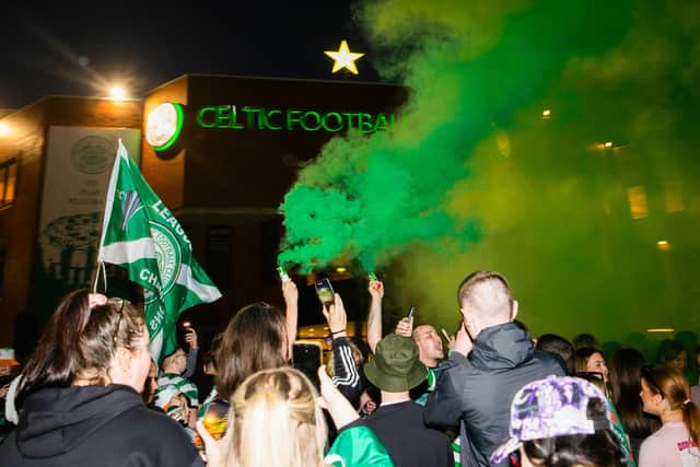 Celtic fans gather outside Parkhead to celebrate winning the title - but the relationship between club and supporters has been strained at times this season. (Photo by Alan Harvey / SNS Group)