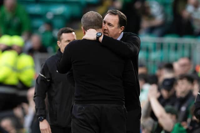 Malky Mackay with Celtic manager Ange Postecoglou after Ross County's 4-0 defeat at Celtic Park last month.  (Photo by Alan Harvey / SNS Group)