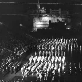 Massed pipes and drums at the Edinburgh Military Tattoo 1960.