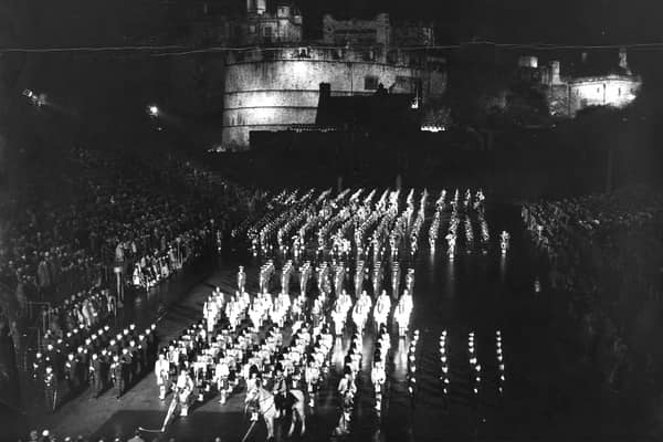 Massed pipes and drums at the Edinburgh Military Tattoo 1960.