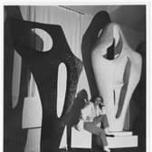 Barbara Hepworth with the Gift plaster of Figure for Landscape and a bronze cast of Figure (Archaean) November 1964. PIC: Lucien Myers