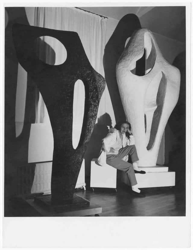 Barbara Hepworth with the Gift plaster of Figure for Landscape and a bronze cast of Figure (Archaean) November 1964. PIC: Lucien Myers