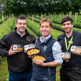 Andrew Young, Scotty Brand Development Manager, Geoff Bruce, Bruce Farms Director and Jon Smeaton, Asda West Dundee Trading Manager with the rare Scottish golden raspberries