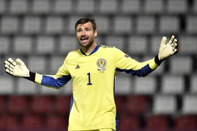 Scotland goalkeeper David Marshall gestures during the UEFA Nations League Group 2, League B match at Andruv Stadium, Olomouc. PA Photo. Radek Petrasek/PA Wire.