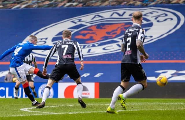 Ryan Kent fires Rangers ahead in the 14th minute against St Mirren at Ibrox with his 11th goal of the season. (Photo by Craig Williamson / SNS Group)