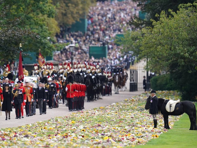Emma, the monarch's fell pony, stands as the Ceremonial Procession of the coffin of Queen Elizabeth II arrives at Windsor Castle for the Committal Service at St George's Chapel. Picture date: Monday September 19, 2022.