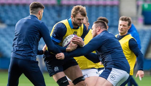Richie Gray back in the thick of it during a Scotland training session. (Photo by Ross Parker / SNS Group)