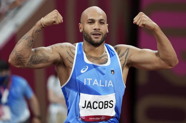Lamont Marcell Jacobs, of Italy, celebrates after winning the final of the men's 100-metres at the 2020 Olympics. Picture: Matthias Schrader/AP