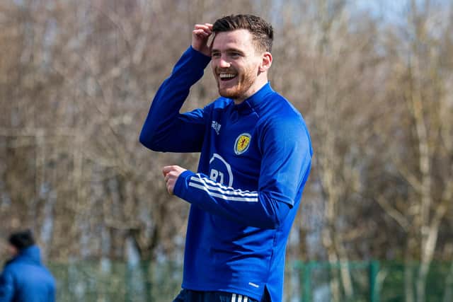 Captain Andy Robertson cuts a relaxed figure at Scotland training the day befre they begin their World Cup qualifying campaign. (Photo by Ross MacDonald / SNS Group)