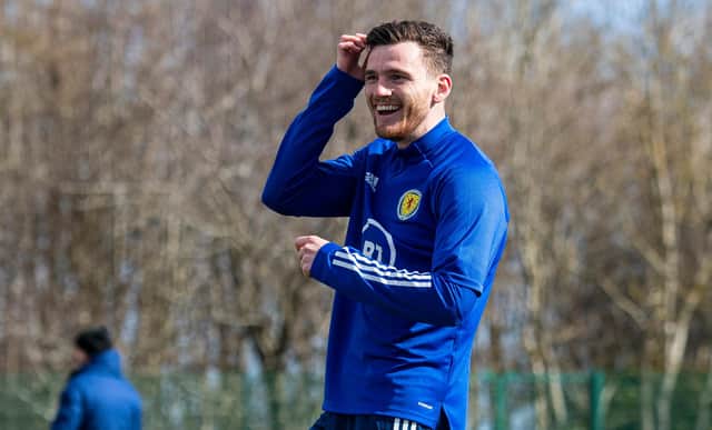 Captain Andy Robertson cuts a relaxed figure at Scotland training the day befre they begin their World Cup qualifying campaign. (Photo by Ross MacDonald / SNS Group)