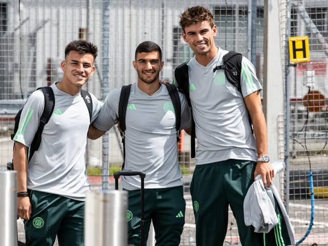 Celtic players Alexandro Bernabei, Liel Abada and Matt O'Riley pictured at Glasgow Aiport prior to departing for the club's pre-season training camp in Portugal. (Photo by Alan Harvey / SNS Group)