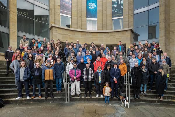 Musicians and composers gathered outside the Royal Concert Hall in Glasgow, where the city's Celtic Connections festival is based, to protest against BBC Scotland's proposed cuts to its specialist music programming. Picture: Derek Clark