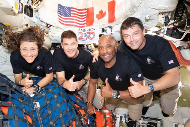 The Artemis II crew – from left, Christina Koch, Jeremy Hansen, Victor Glover, and Reid Wiseman – pause for a group photo inside the Orion spacecraft on their way home from the Moon (Picture: NASA via Getty Images)