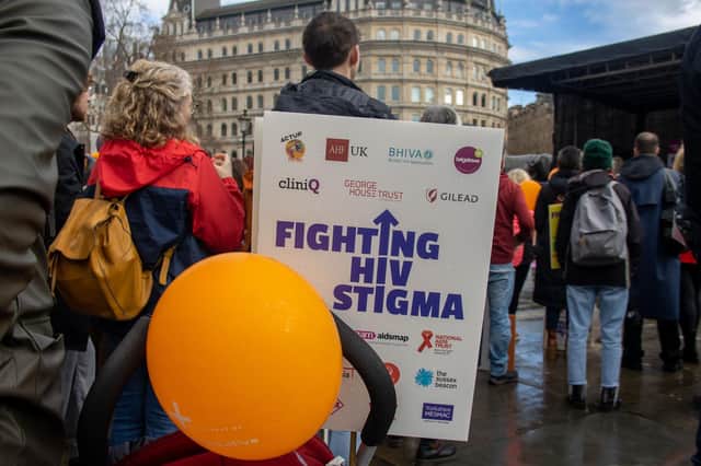 Activists assemble at Trafalgar Square for a Fighting HIV Stigma protest. Picture: Sinai Noor/Shutterstock