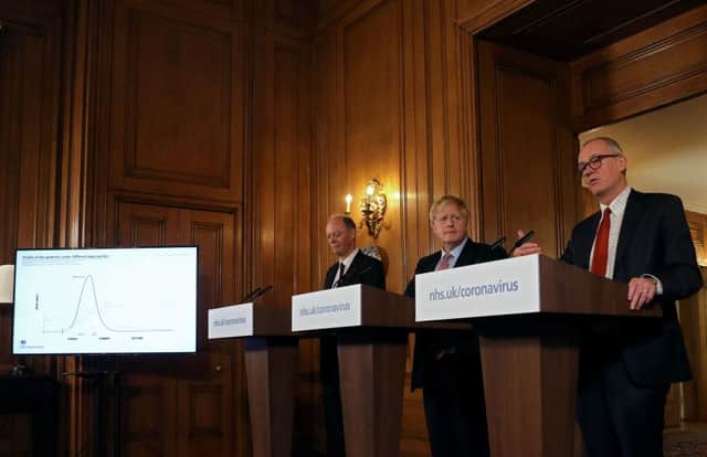 Prime Minister Boris Johnson, Chief Medical Officer for England, Chris Whitty and Government Chief Scientific Adviser, Sir Patrick Vallance detailed the government's next steps to tackle the covid-19 threat yesterday (Getty Images)