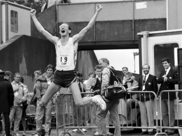 Australian athlete Simon Baker has enough energy left to jump for joy after winning the 30km walk at the 1986 Commonwealth Games in Edinburgh.